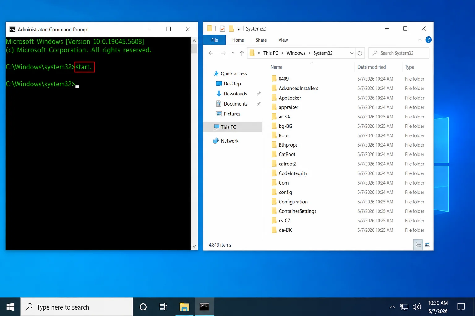Command Prompt opened from File Explorer with the prompt showing the target folder path