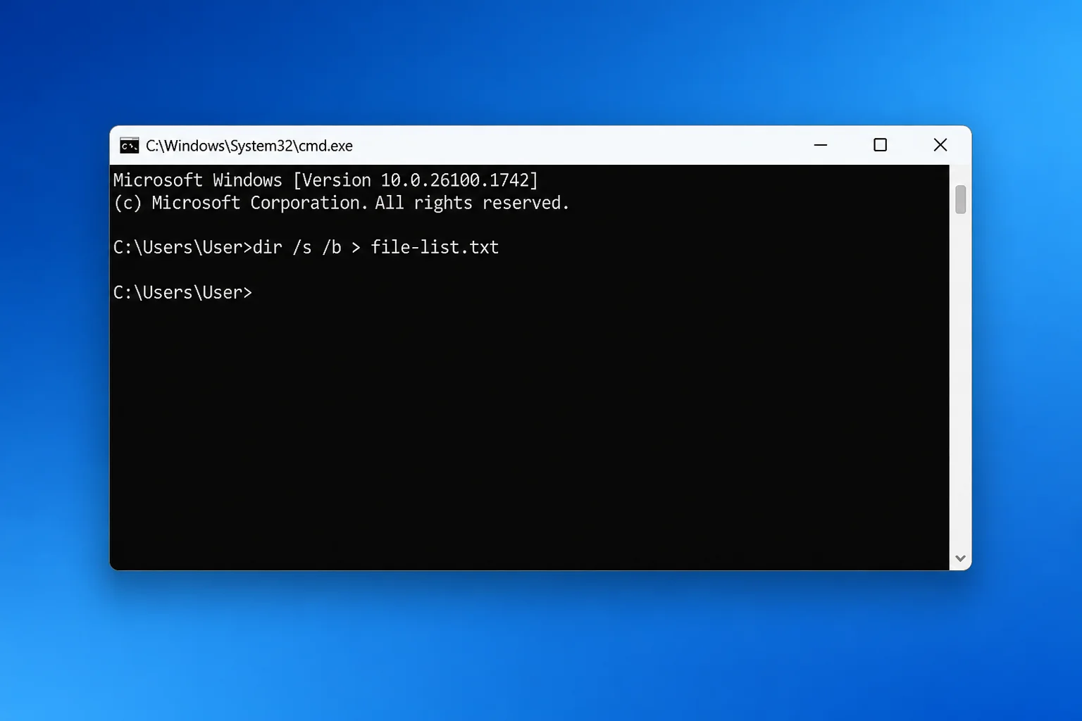 Command Prompt in the target folder with dir /s /b > file-list.txt entered and completed