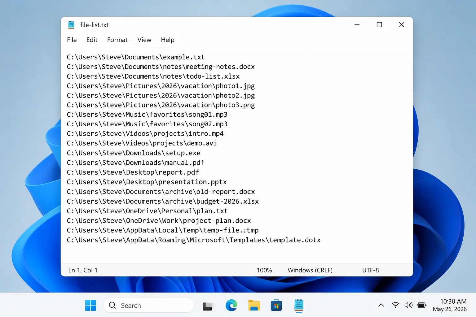 Notepad displaying file-list.txt with one full file or folder path per line