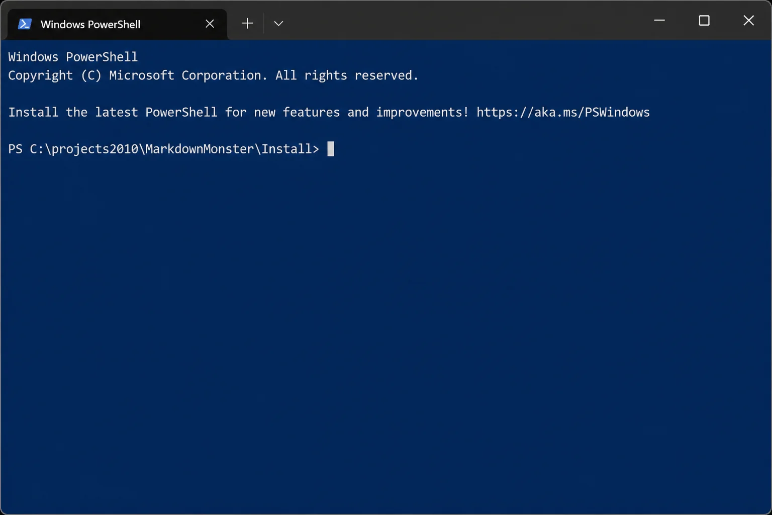 Windows Terminal with a PowerShell tab open at the target folder path