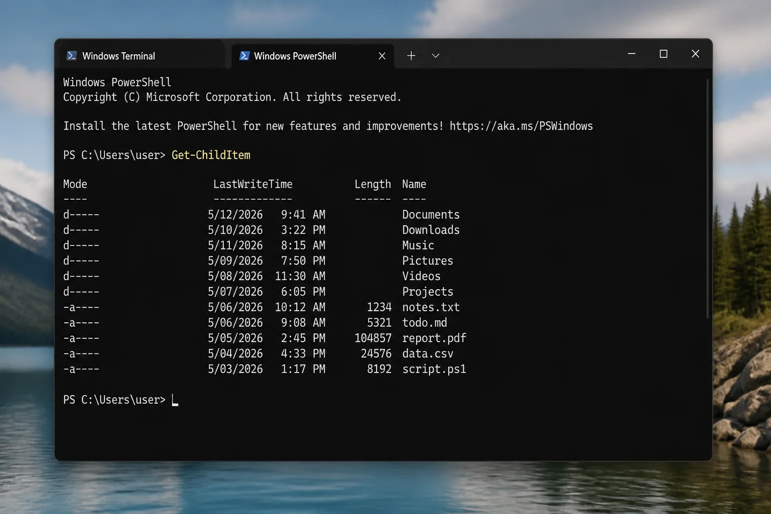Windows Terminal PowerShell tab showing the Get-ChildItem command completed without errors