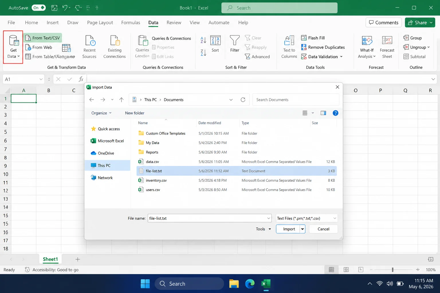 Excel Data tab with From Text/CSV highlighted and file-list.txt selected for import