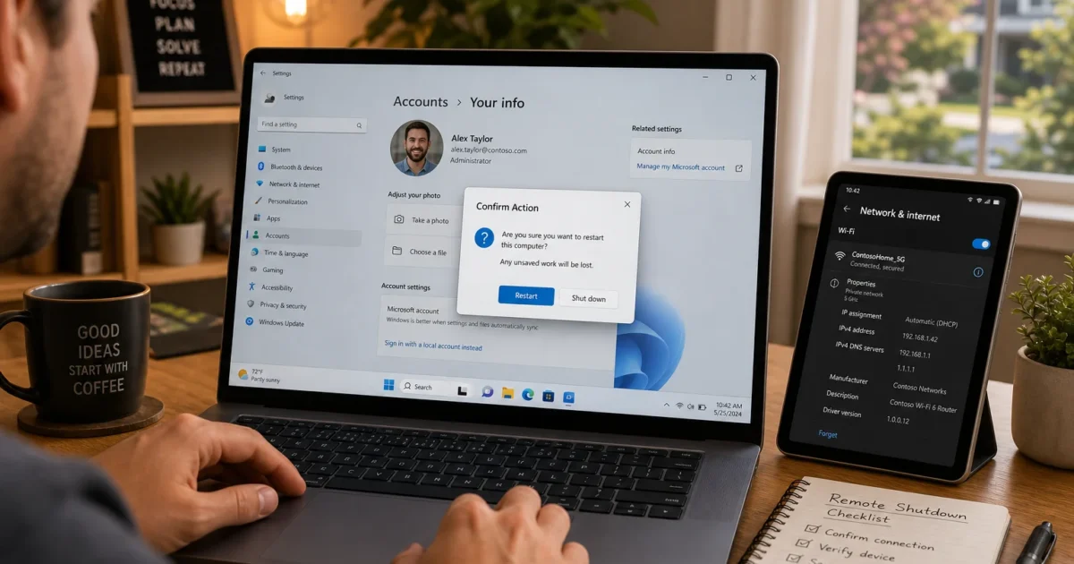 Person typing on a laptop displaying Windows Settings with a restart confirmation dialog open on the screen, in a home office setup.