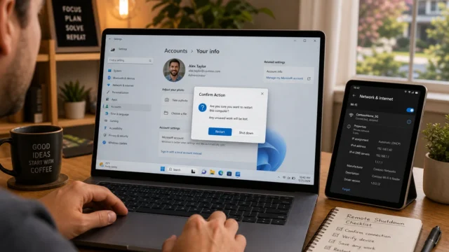 Person typing on a laptop displaying Windows Settings with a restart confirmation dialog open on the screen, in a home office setup.