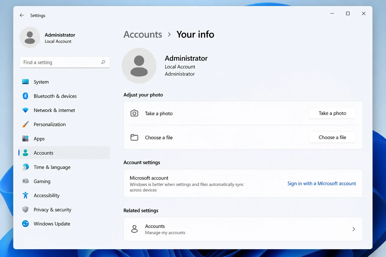 Windows 11 Settings > Accounts > Your info showing an account with Administrator status