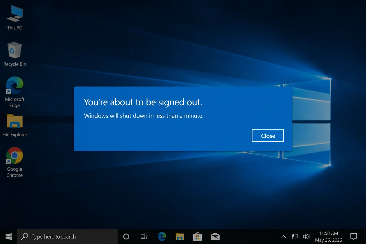 Target Windows desktop showing the full signed-out or shutdown warning message generated by shutdown.exe
