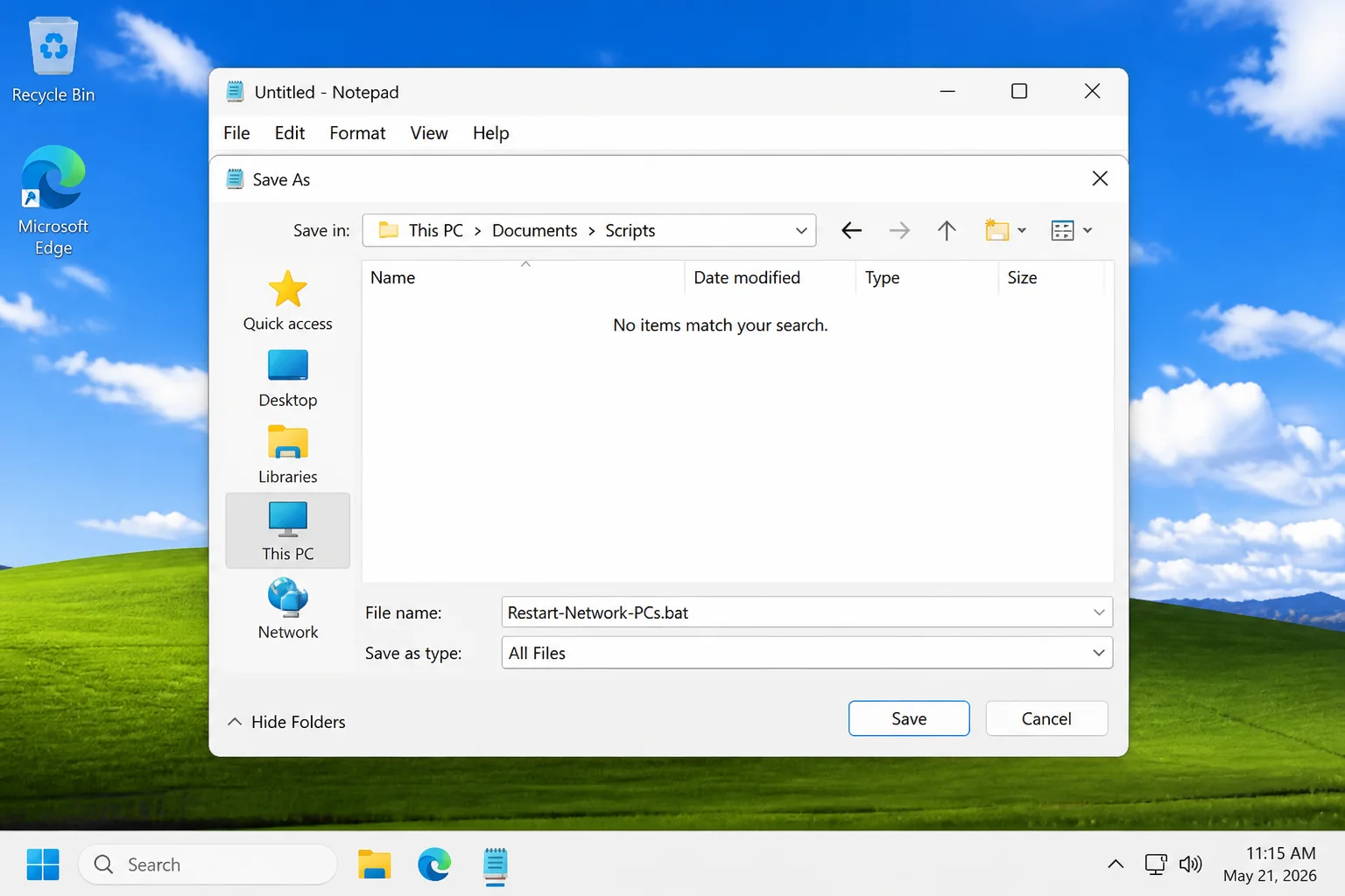Notepad Save As window saving Restart-Network-PCs.bat with Save as type set to All files