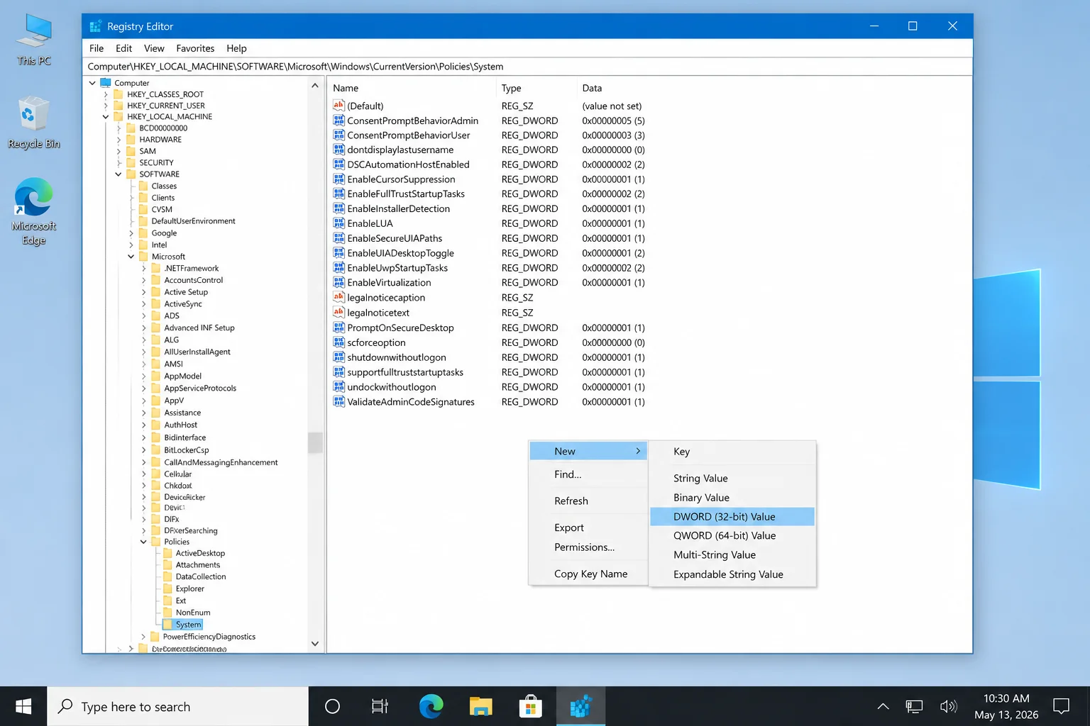 Registry Editor at HKEY_LOCAL_MACHINE\SOFTWARE\Microsoft\Windows\CurrentVersion\Policies\System with New DWORD (32-bit) Value selected