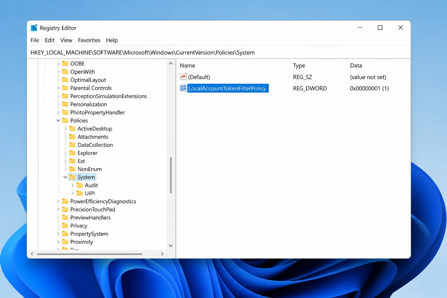Registry Editor showing LocalAccountTokenFilterPolicy as a DWORD with value data 1
