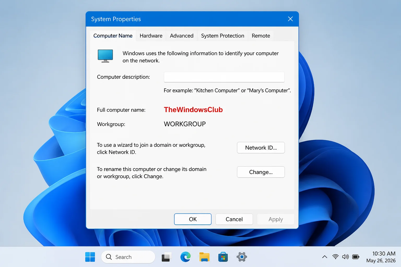 Windows System Properties Computer Name tab with the Full computer name highlighted