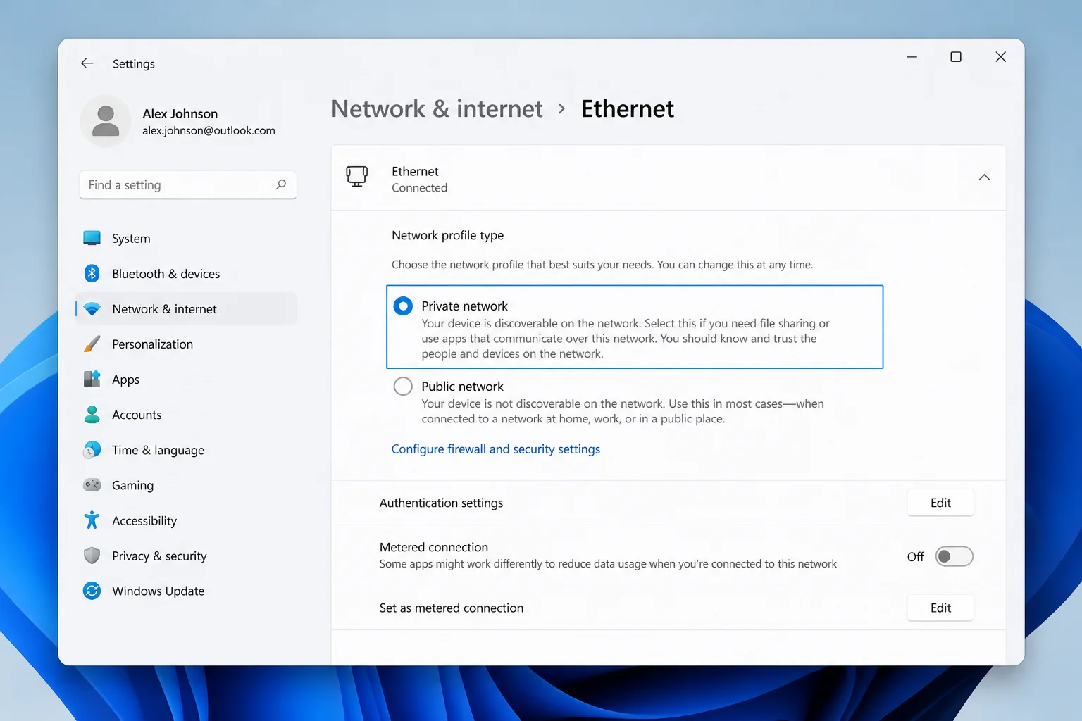 Windows 11 Settings showing the active network connection set to Private network