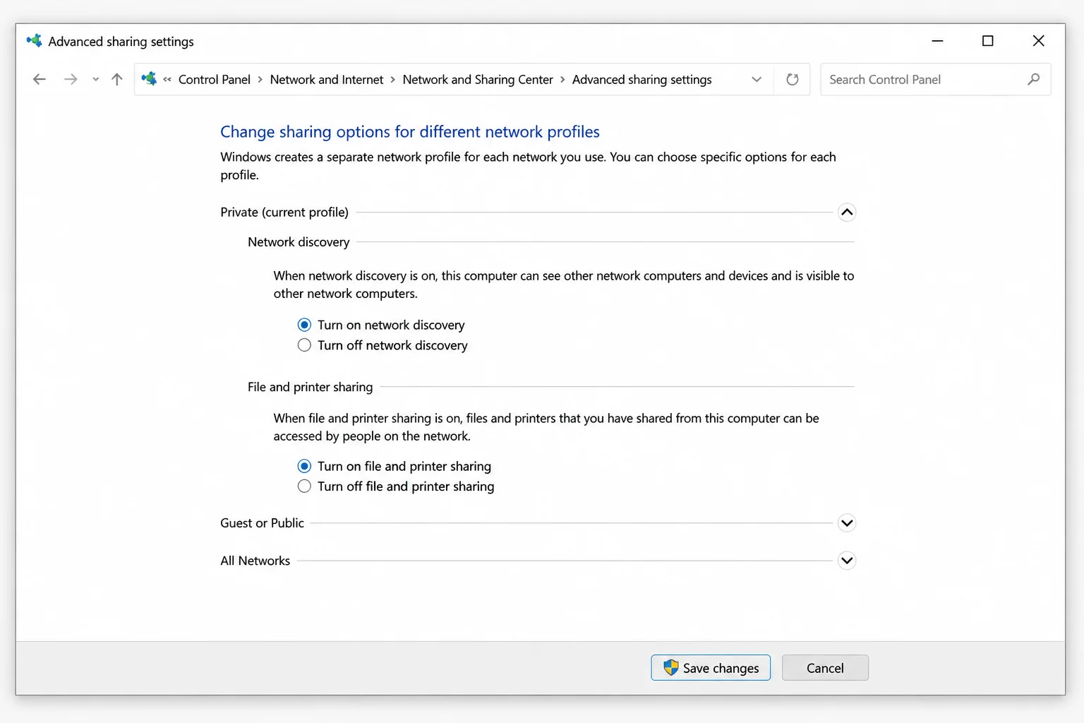 Windows advanced sharing settings with Network discovery enabled for Private networks