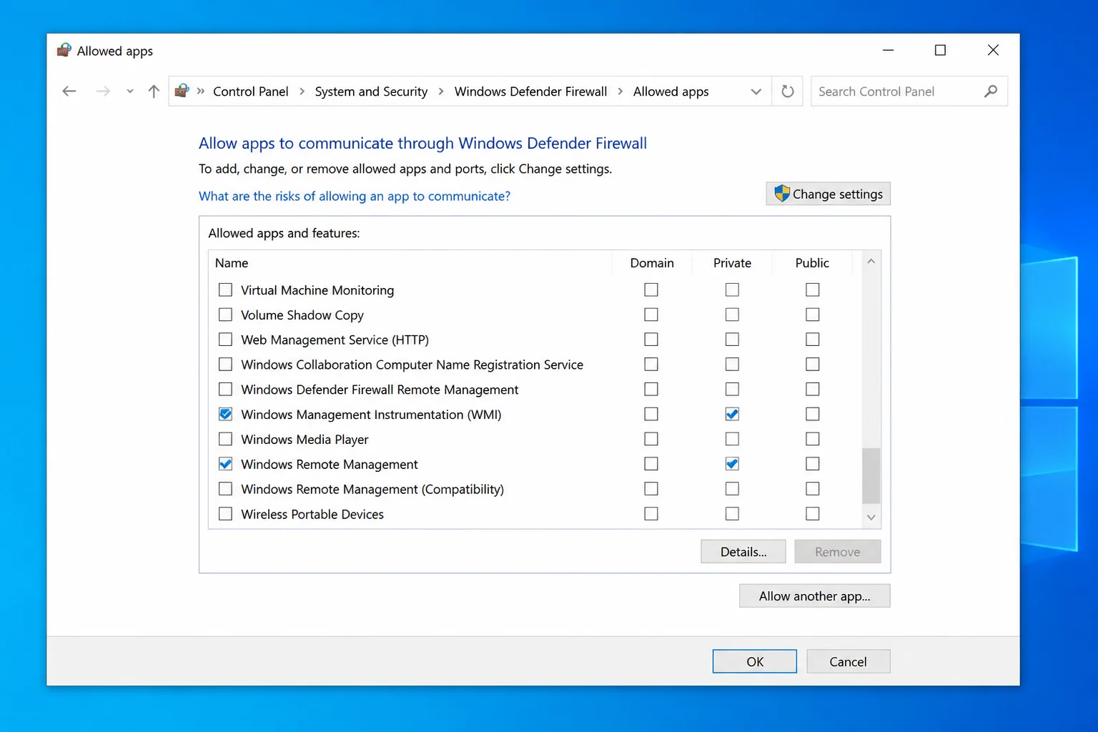 Windows Defender Firewall allowed apps list with Windows Management Instrumentation and Remote Service Management enabled for Private networks