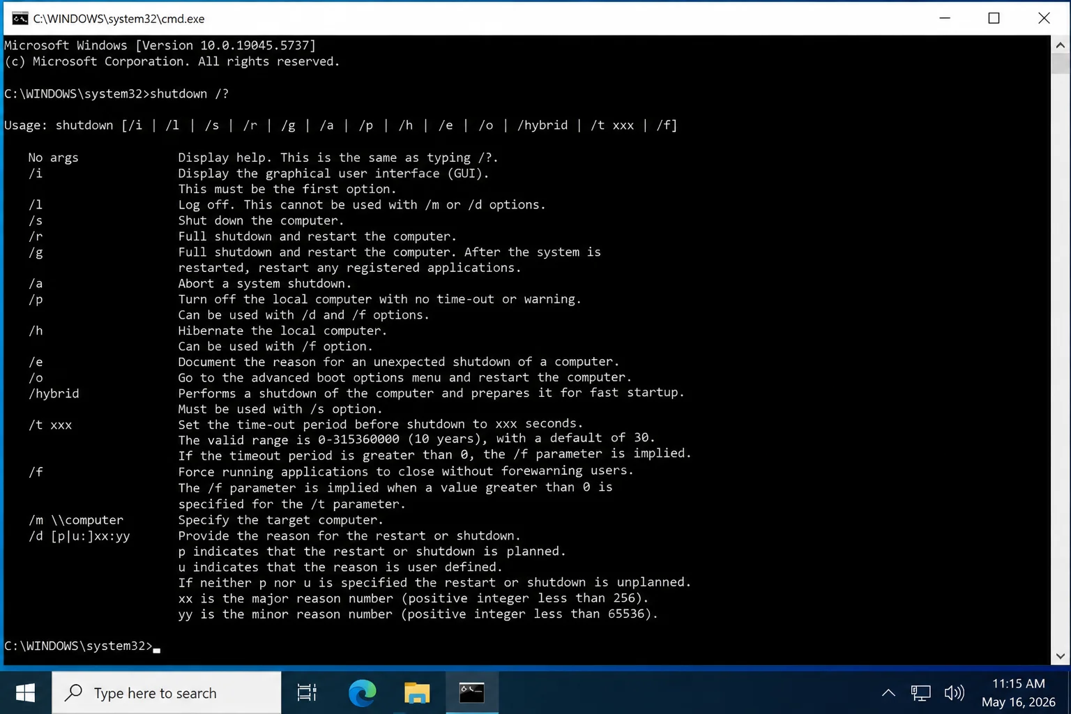 Administrator Command Prompt showing the current shutdown command help output