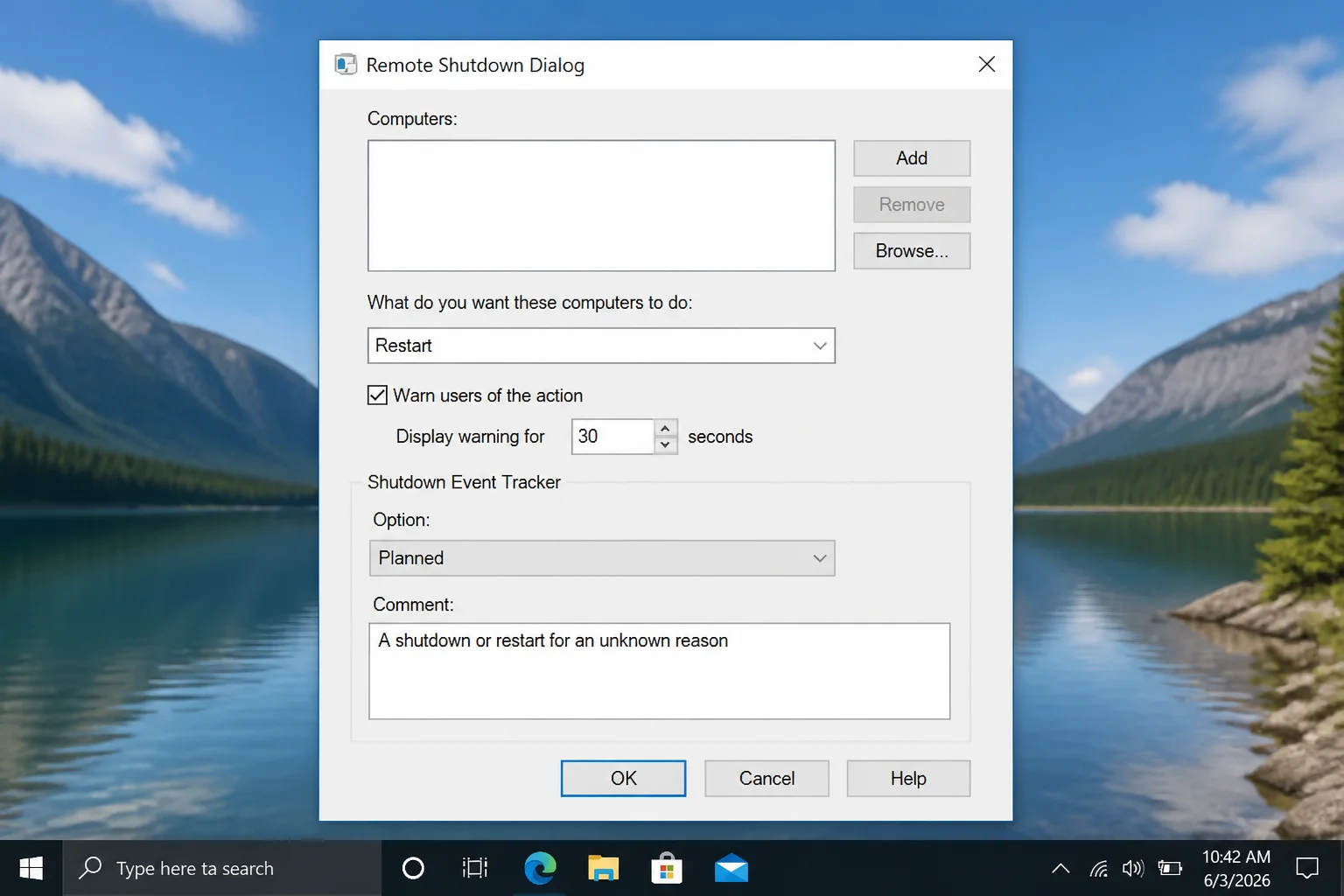 Current Windows Remote Shutdown Dialog with Add, Browse, action, warning, reason, and comment controls visible