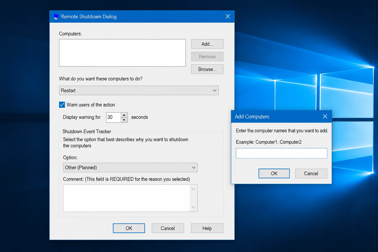 Remote Shutdown Dialog Add Computers window containing a Windows computer name