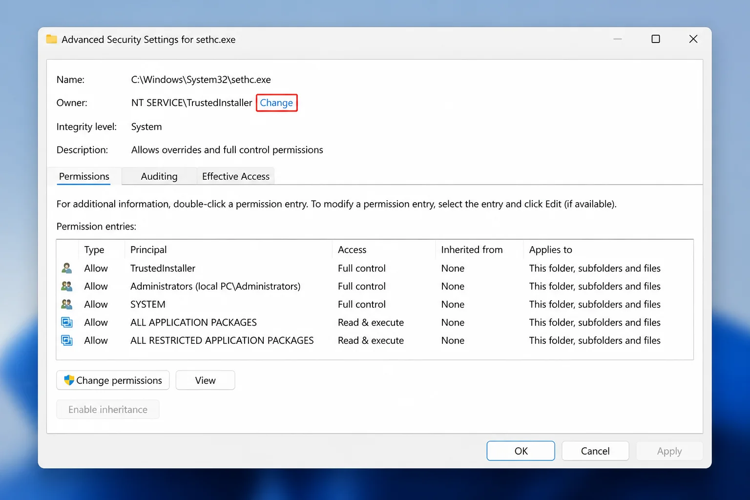 Advanced Security Settings dialog in Windows 11 showing TrustedInstaller or SYSTEM as the current owner with the Change link highlighted next to the owner name