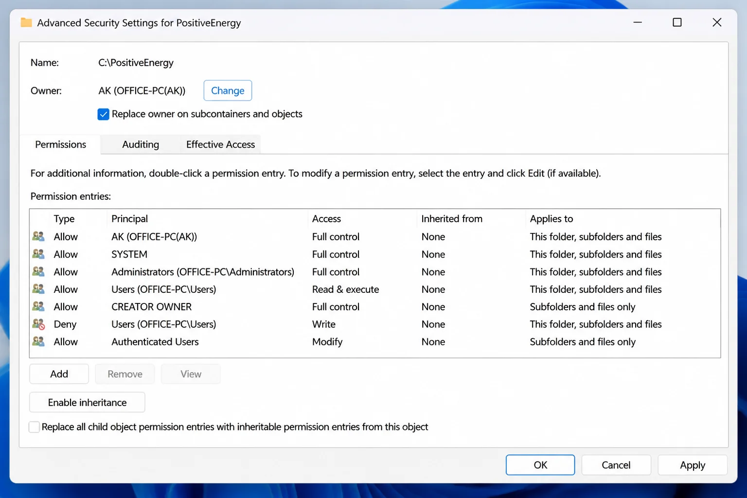 Advanced Security Settings dialog after ownership transfer showing the current user account as the new owner with the Replace owner on subcontainers and objects checkbox checked
