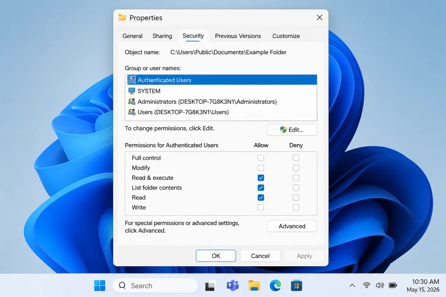 Windows 11 folder Properties dialog showing the Security tab, with the Group or user names list at the top and Allow and Deny permission checkboxes below