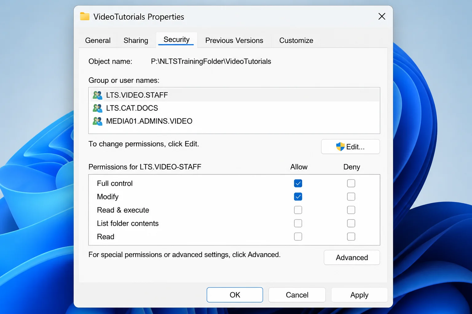 Permissions dialog for a Windows 11 folder showing Allow and Deny checkboxes for Full control, Modify, Read and execute, List folder contents, Read, and Write