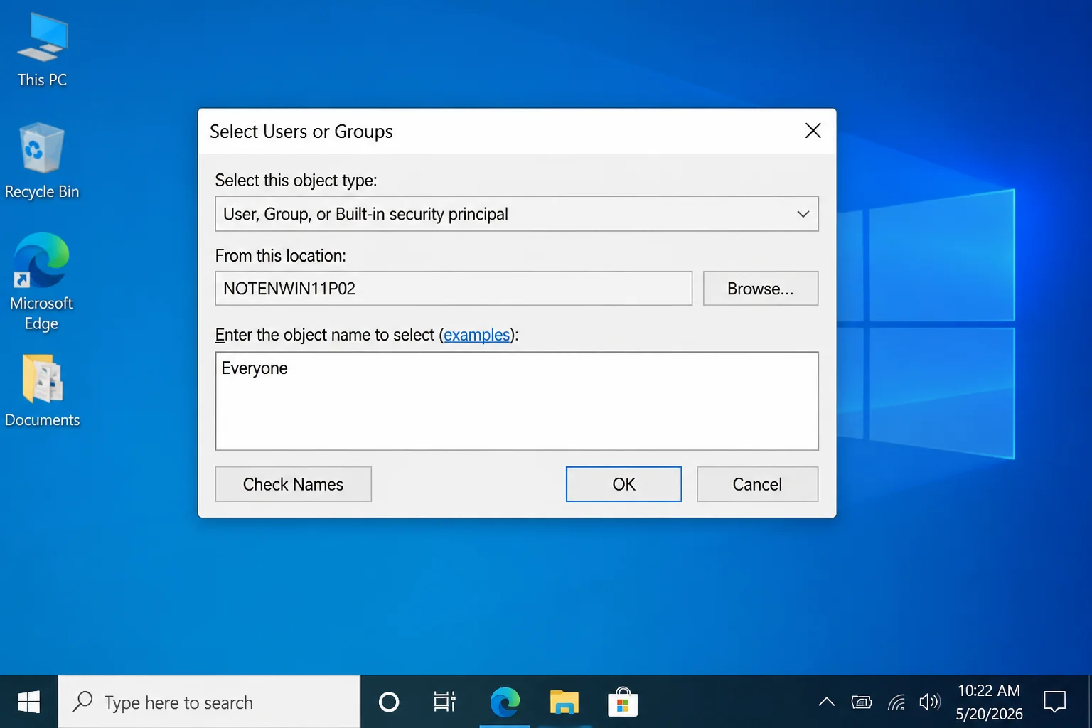 Select Users or Groups dialog showing the object name entry field, Check Names button, and OK button