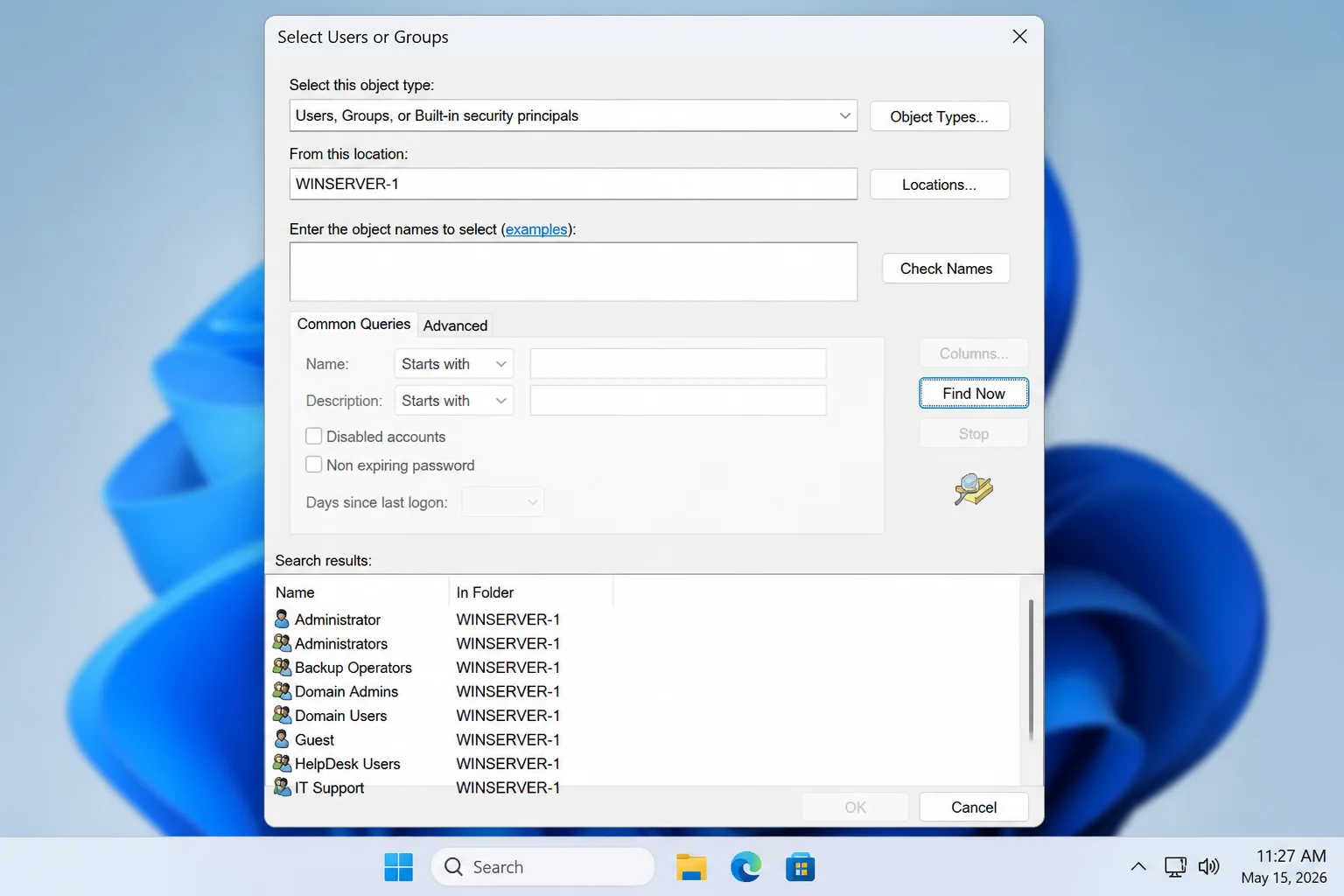 Advanced Select Users or Groups dialog with Find Now clicked, showing a list of local users and groups in the search results panel