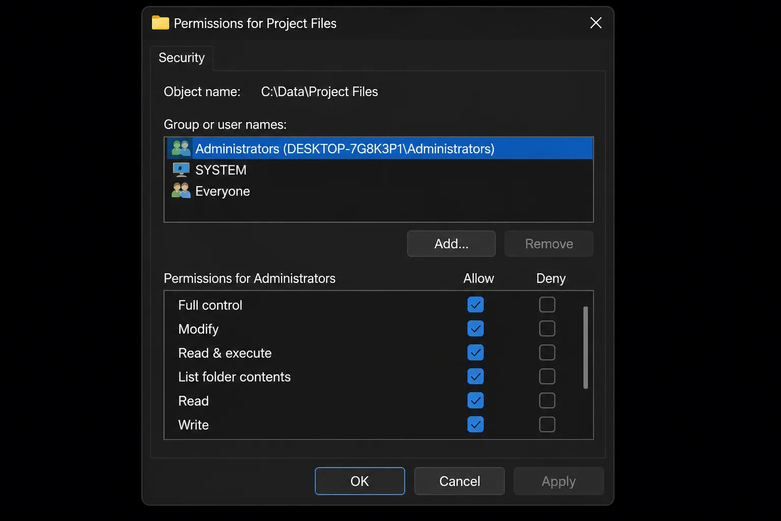 Permissions dialog for a Windows 11 folder with an inherited entry selected and the Remove button greyed out