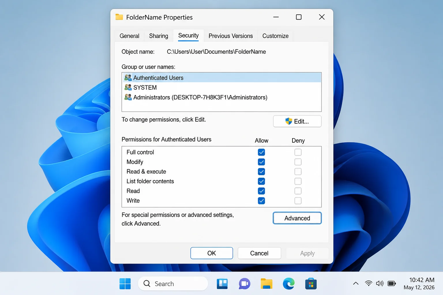 Windows 11 folder Properties dialog on the Security tab with the Advanced button highlighted at the bottom