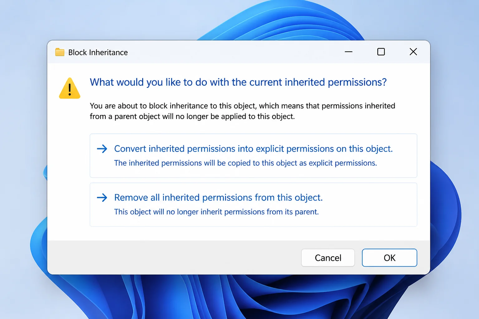 Windows 11 dialog offering the choice to convert inherited permissions to explicit permissions or remove all inherited permissions from the object