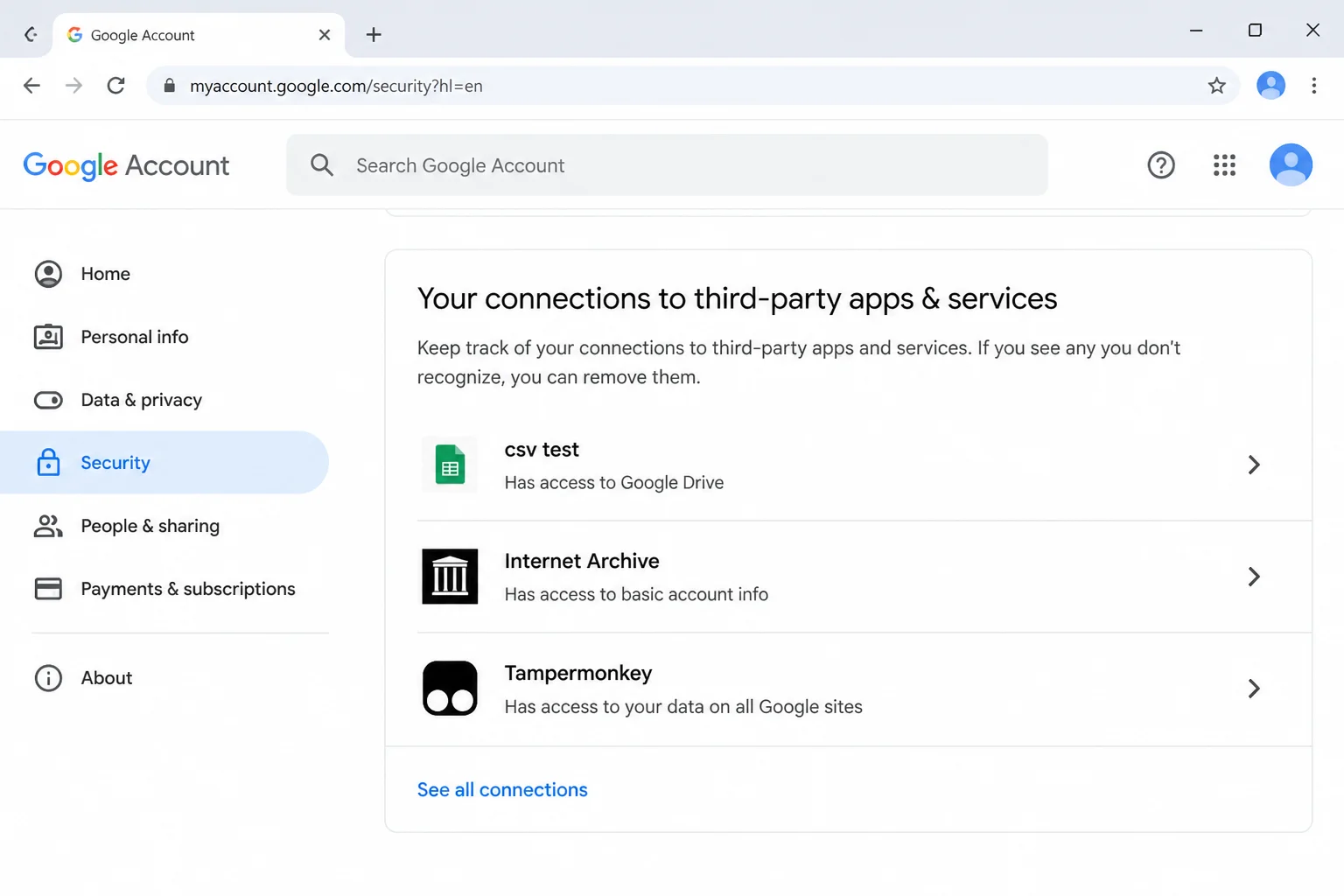 Authenticated test Google Account security page showing the third-party connections or connected-app section and its review control, with all personal details redacted