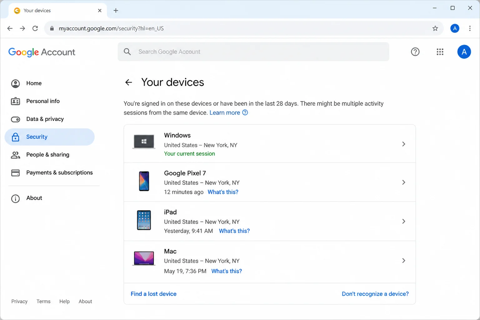 Authenticated test Google Account security page showing Your devices and Manage all devices controls, with device names, locations, and account details redacted