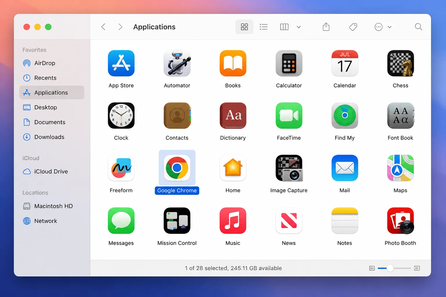 macOS Applications folder with Google Chrome selected