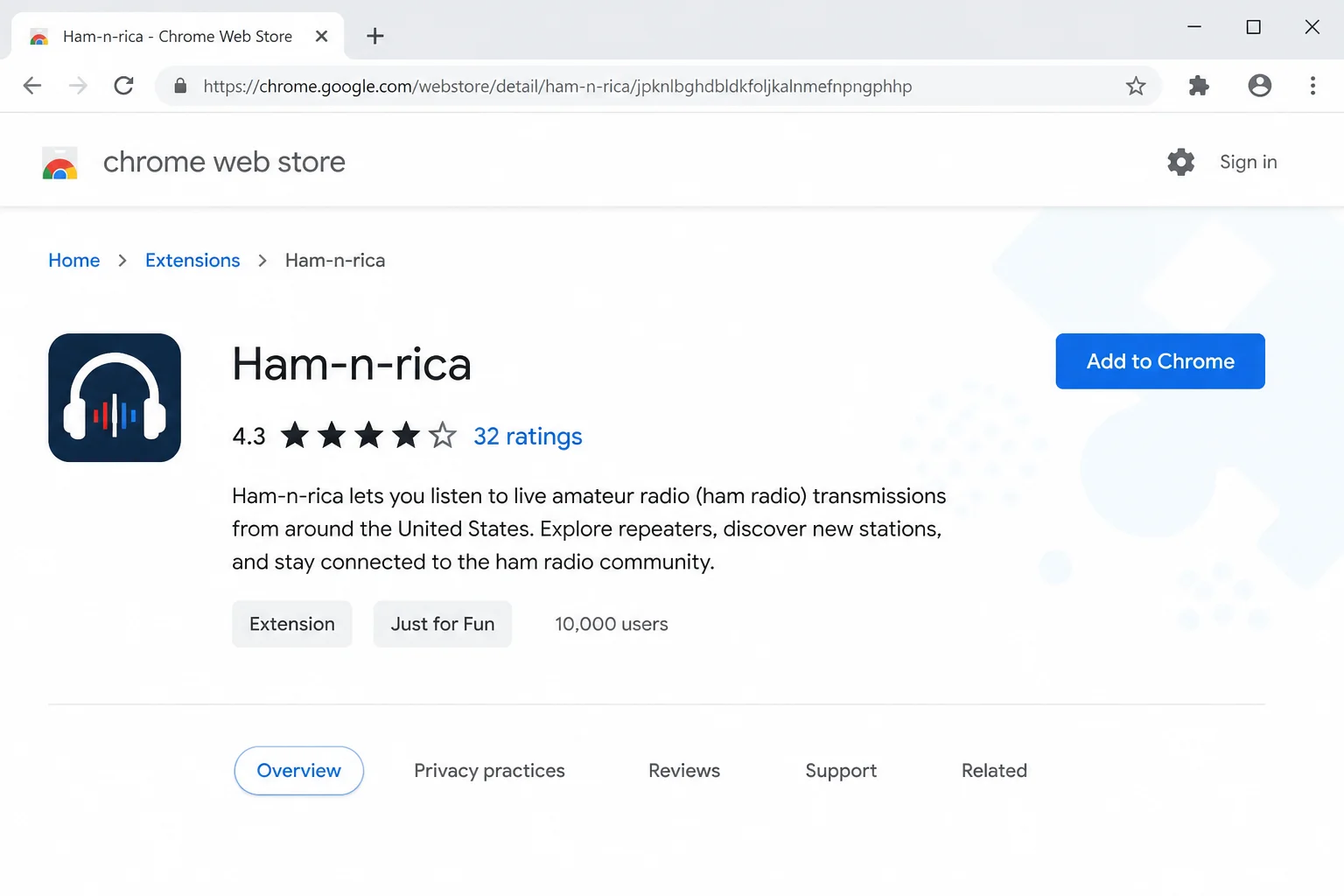 Public Chrome Web Store extension listing showing the extension name, icon, publisher information, rating and reviews, linked website area, and Add to Chrome control