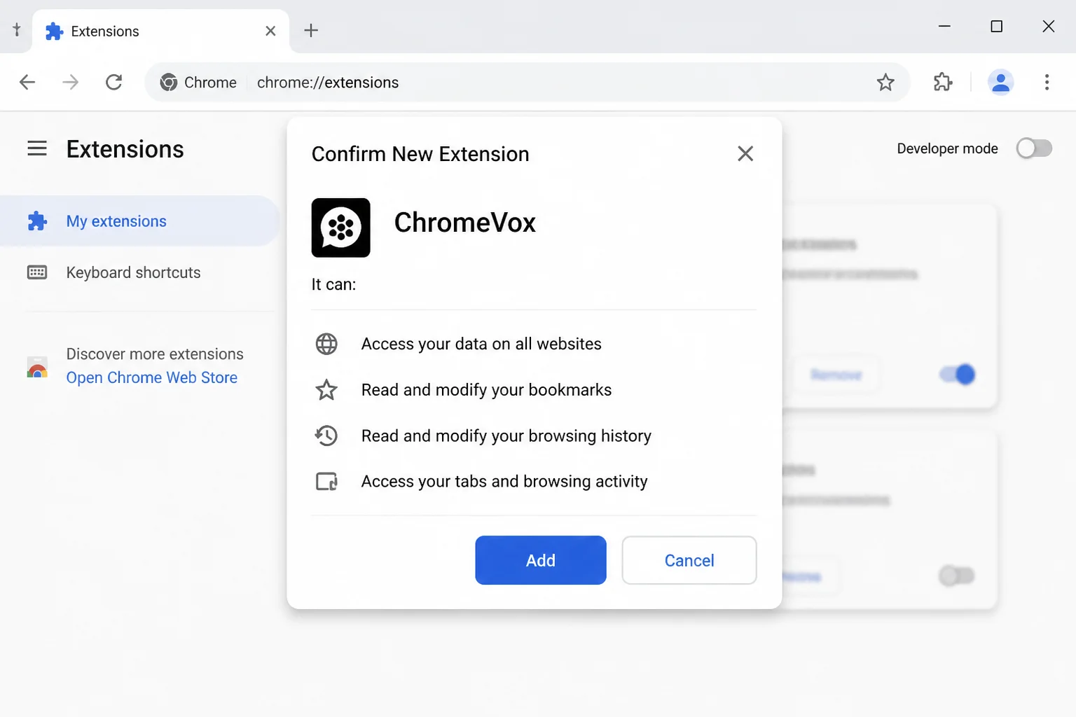 Chrome extension permission confirmation dialog with requested access, Add extension button, and Cancel button highlighted