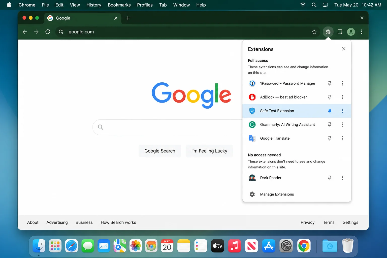 Google Chrome open on macOS with the Extensions menu expanded and a safe test extension visible