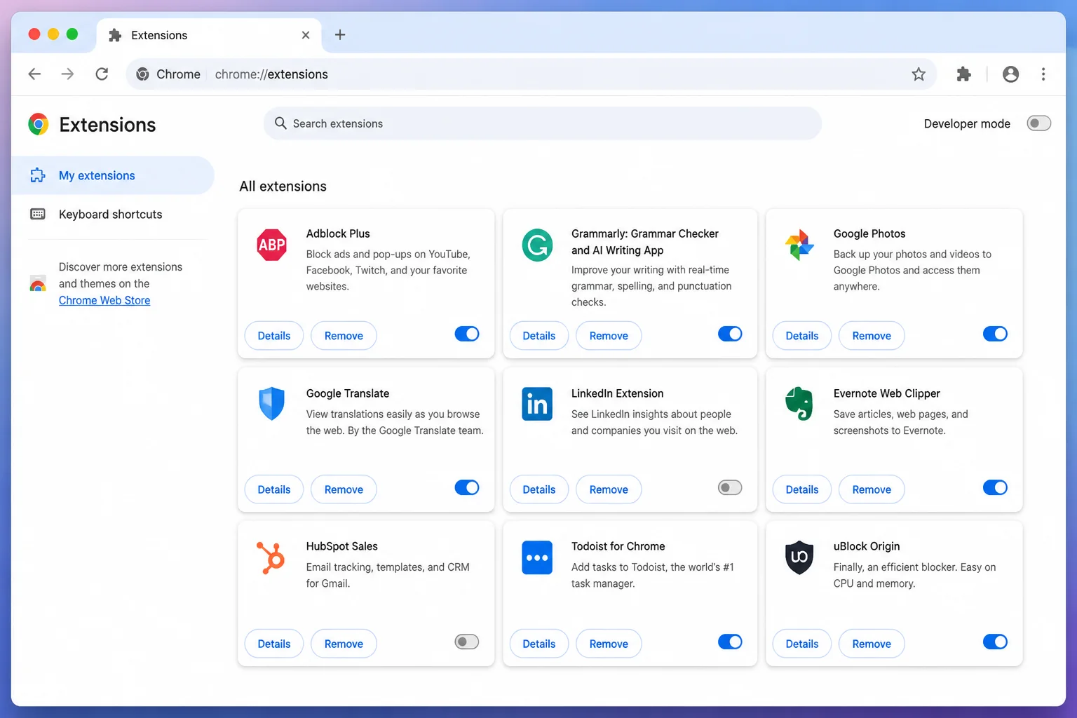 Chrome Extensions management page with installed extension cards and Details, Remove, and enable or disable controls highlighted