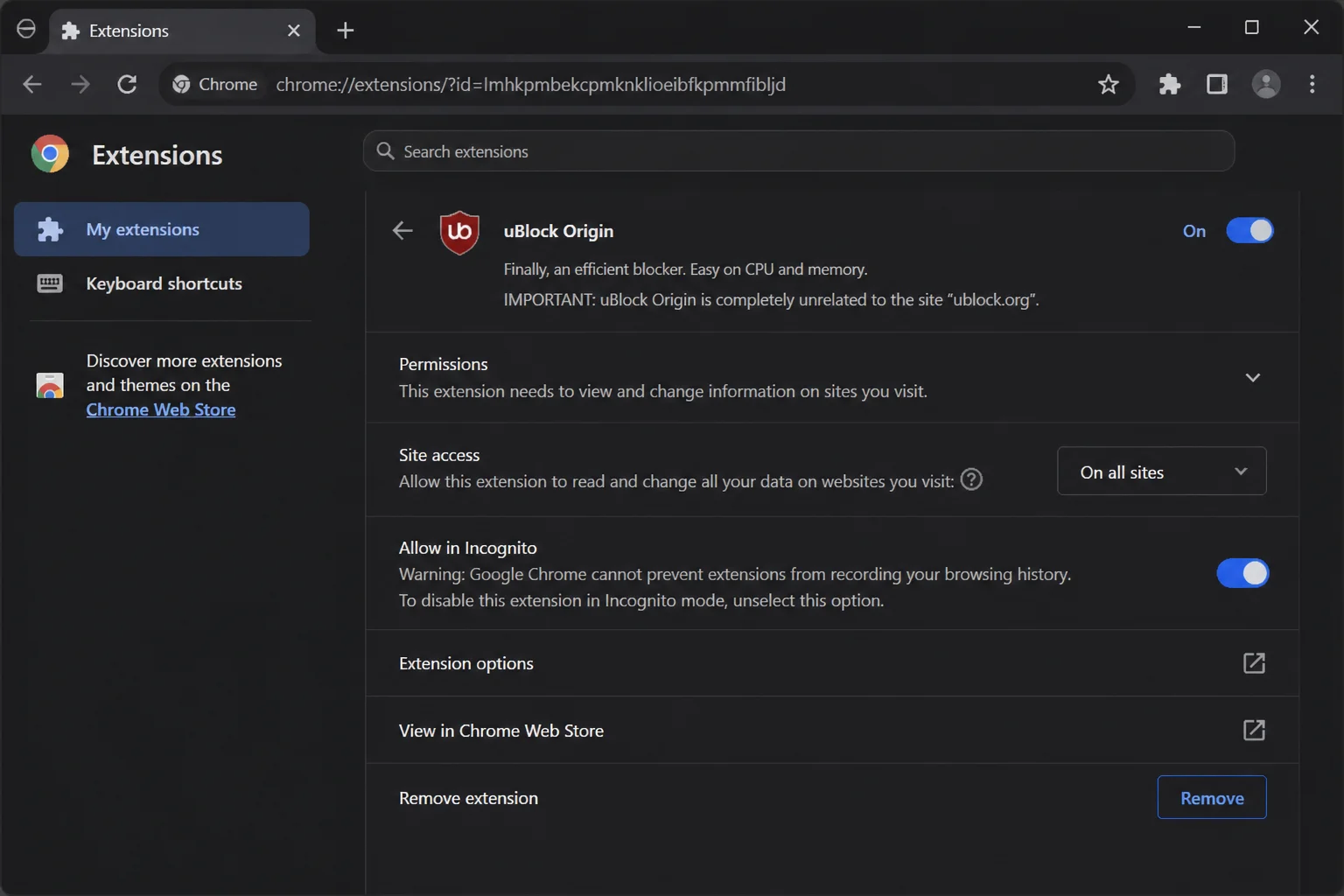 Safe test extension Details page showing permissions, Site access options, Allow in Incognito setting, and Remove extension control