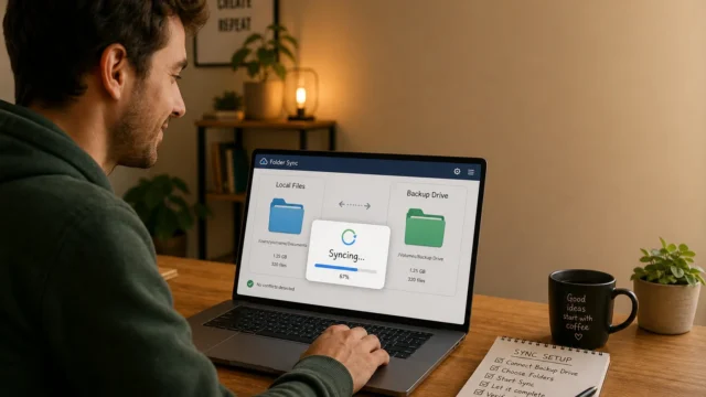 Man using a laptop to sync folders on a desk setup, with a checklist notebook and a coffee mug nearby.