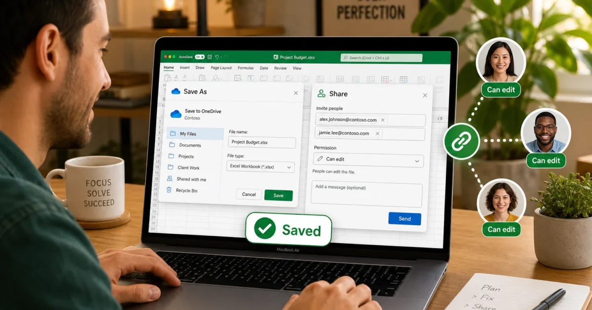 Person using a laptop showing a 'Saved' badge in a collaboration app with sharing options on screen.