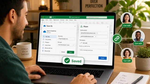 Person using a laptop showing a 'Saved' badge in a collaboration app with sharing options on screen.