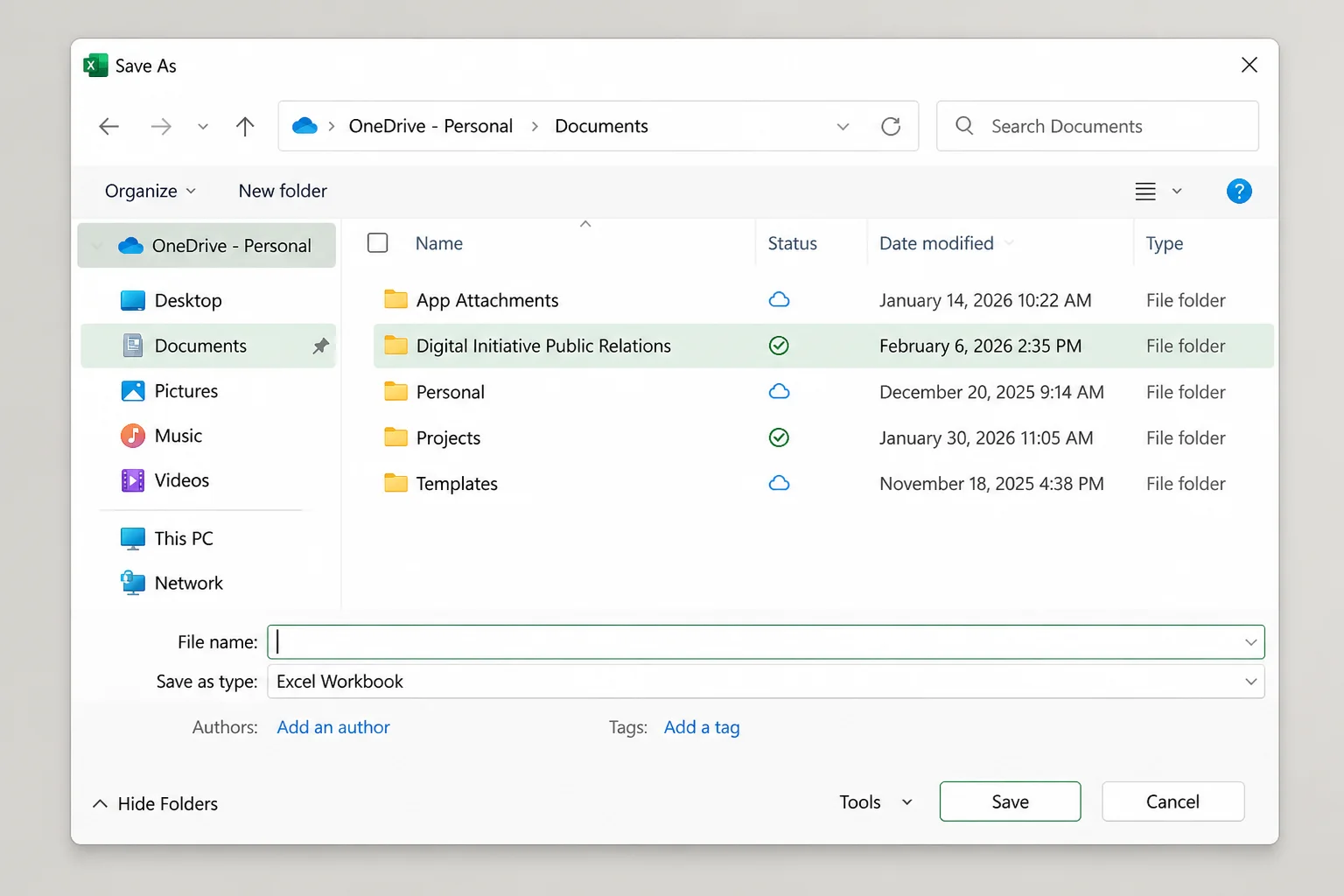 Excel Save As screen with a OneDrive or SharePoint location selected