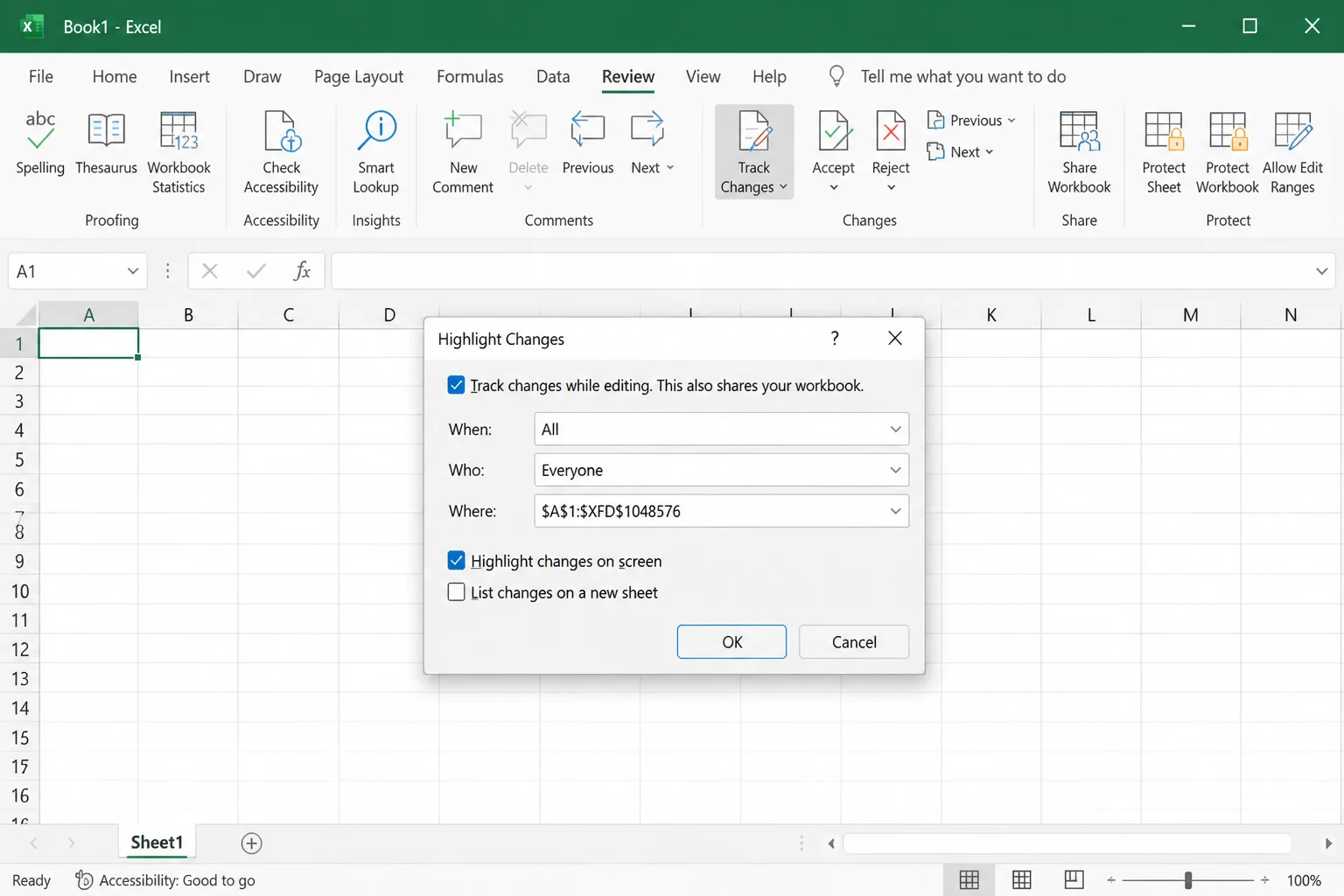 Excel legacy Highlight Changes dialog showing When, Who, Where, and Highlight changes on screen options