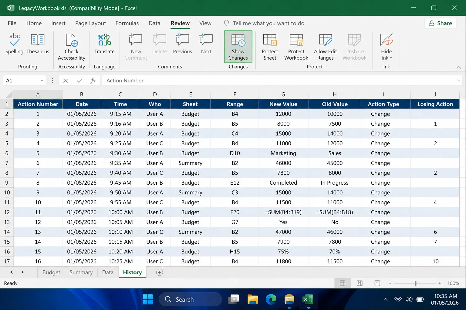 Excel legacy workbook with a History worksheet listing tracked cell changes, editors, dates, old values, and new values
