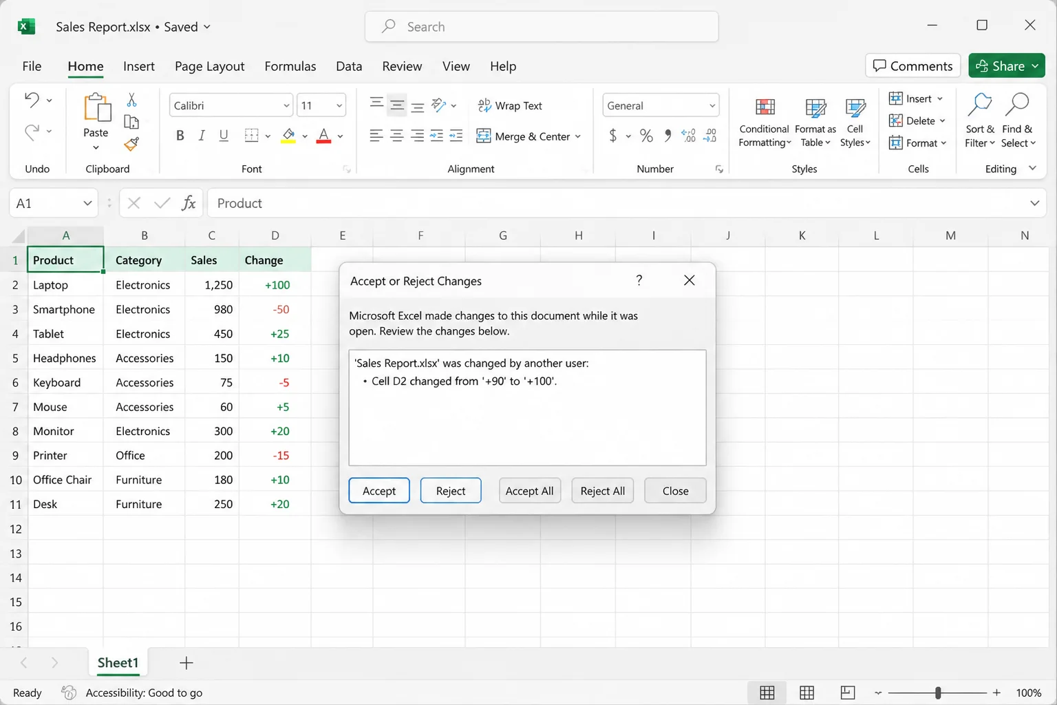 Excel legacy Accept or Reject Changes dialog showing Accept, Reject, Accept All, and Reject All buttons