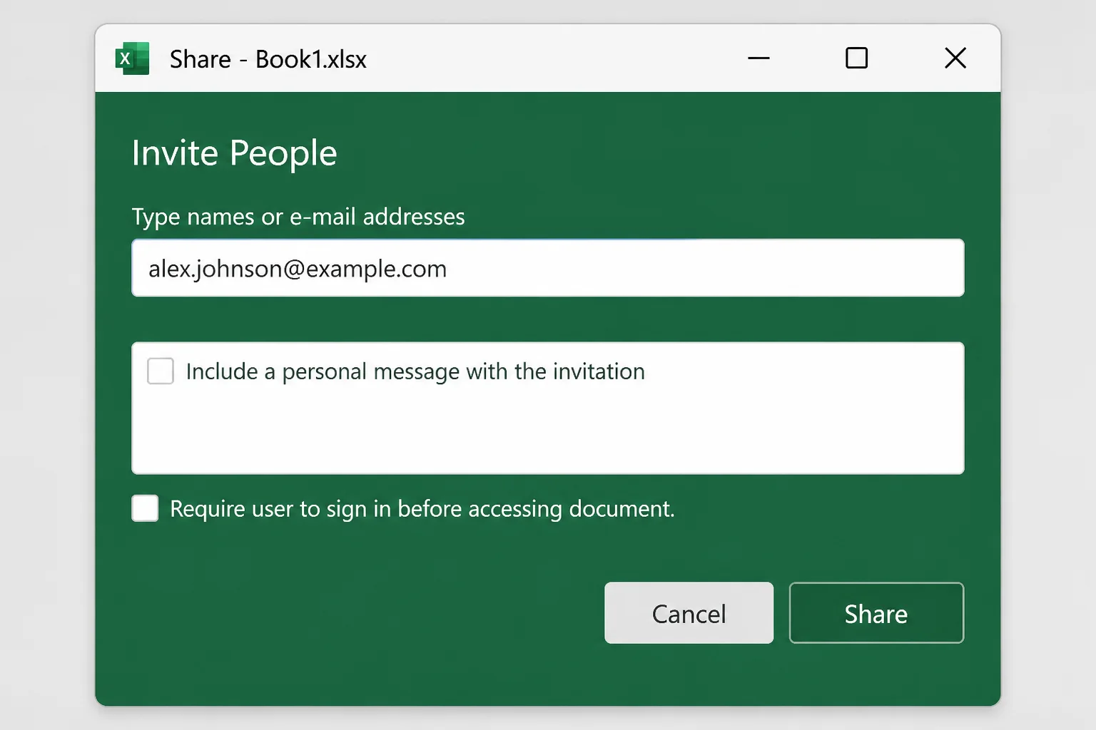 Excel Share dialog for a OneDrive workbook with permission set to allow editing
