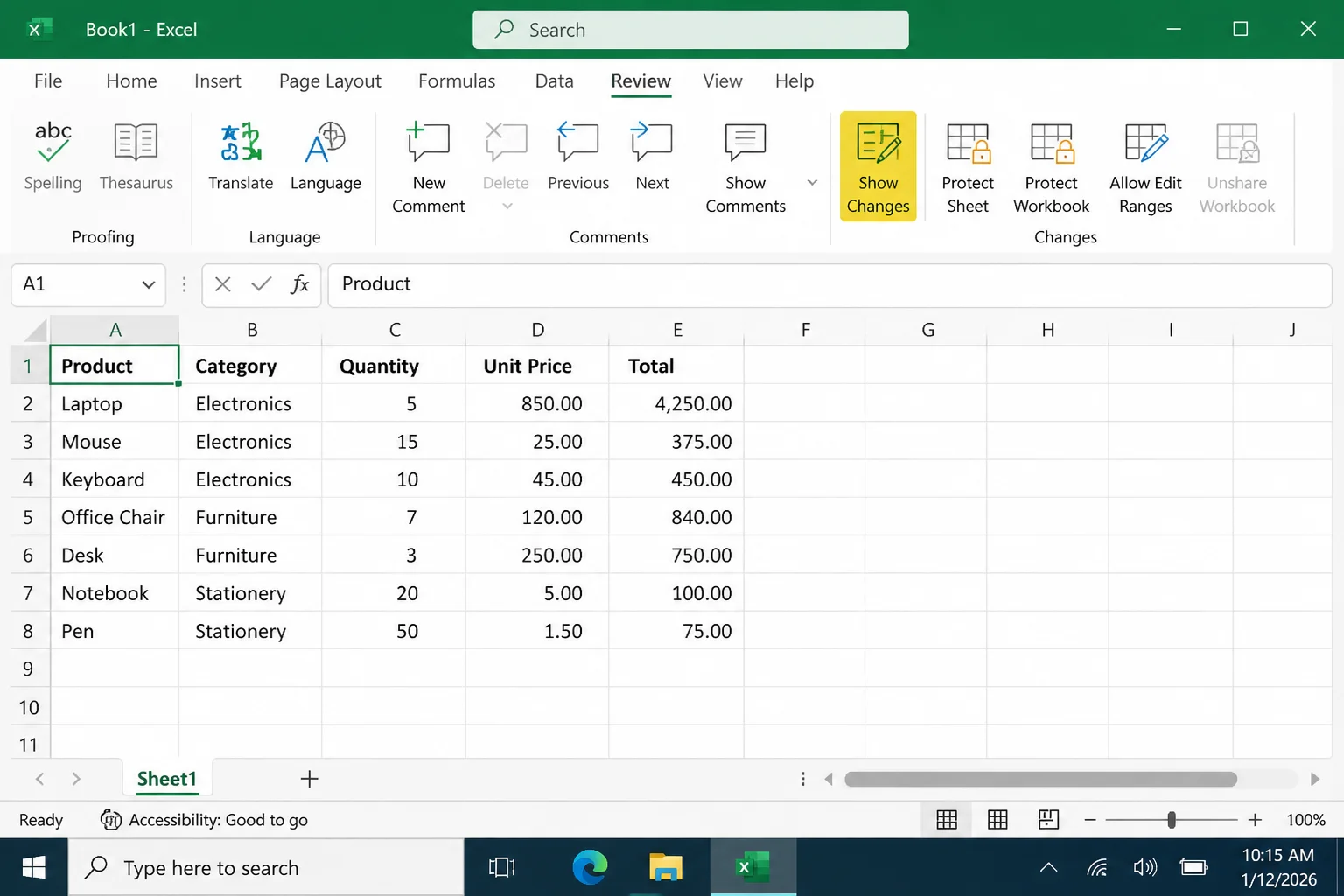 Excel Review tab with Show Changes highlighted on the ribbon
