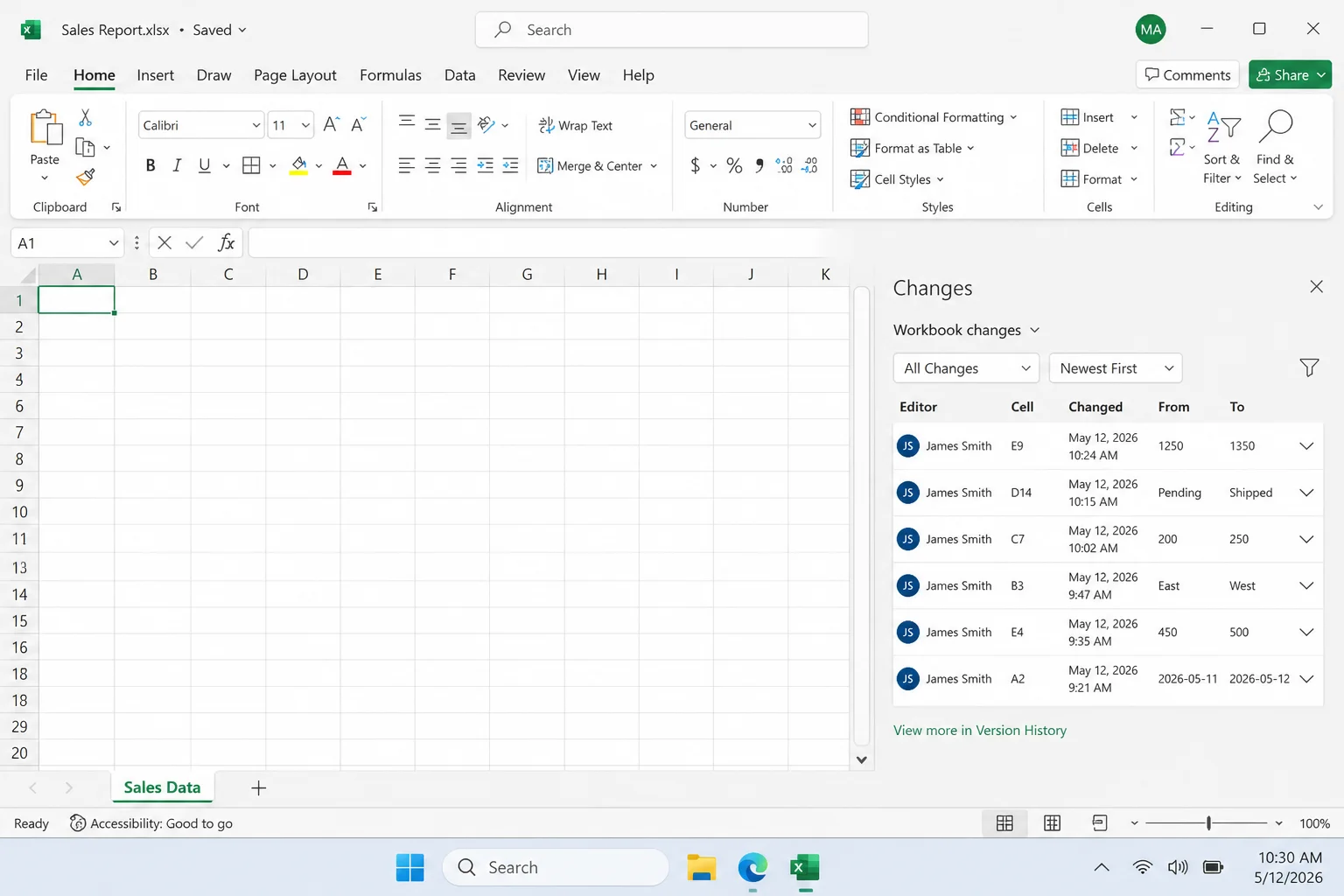 Excel Changes pane showing an editor name, worksheet cell, edit time, previous value, and current value