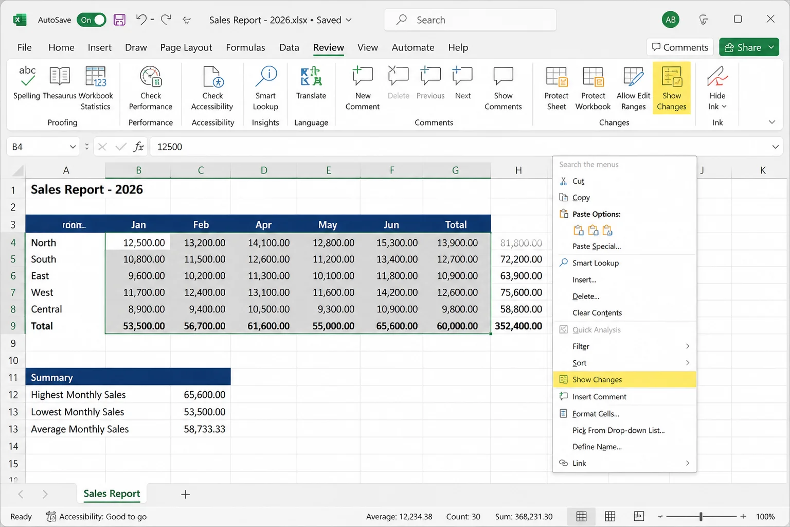 Excel worksheet with a selected cell range and the right-click menu showing Show Changes