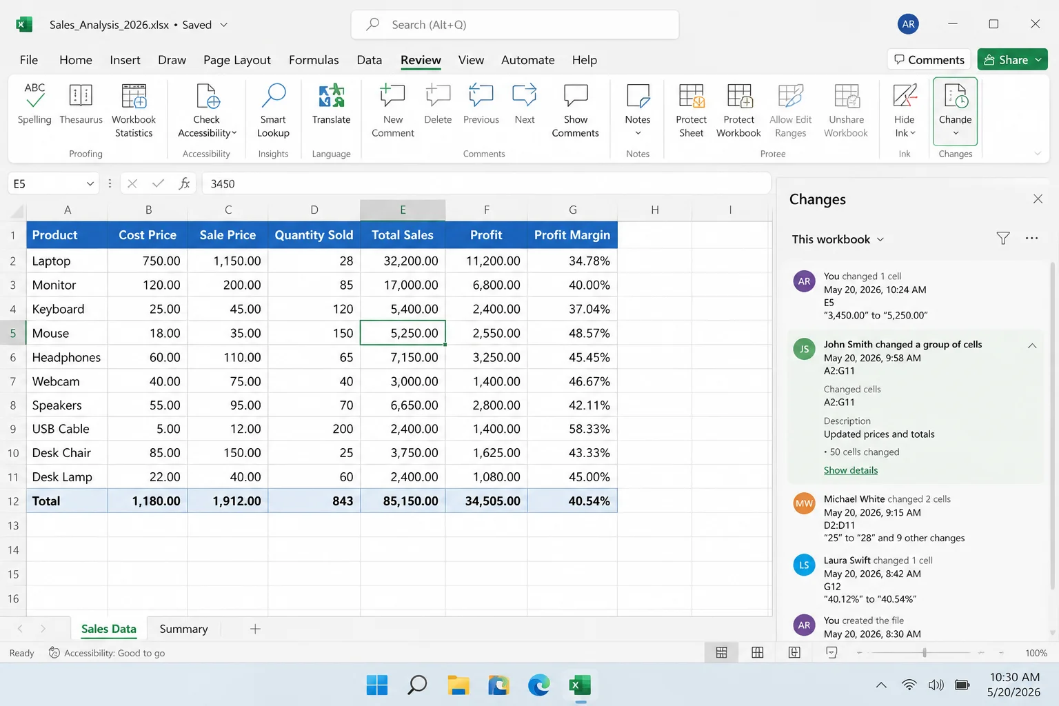 Excel Changes pane filtered to edits for a selected cell range with a grouped change expanded