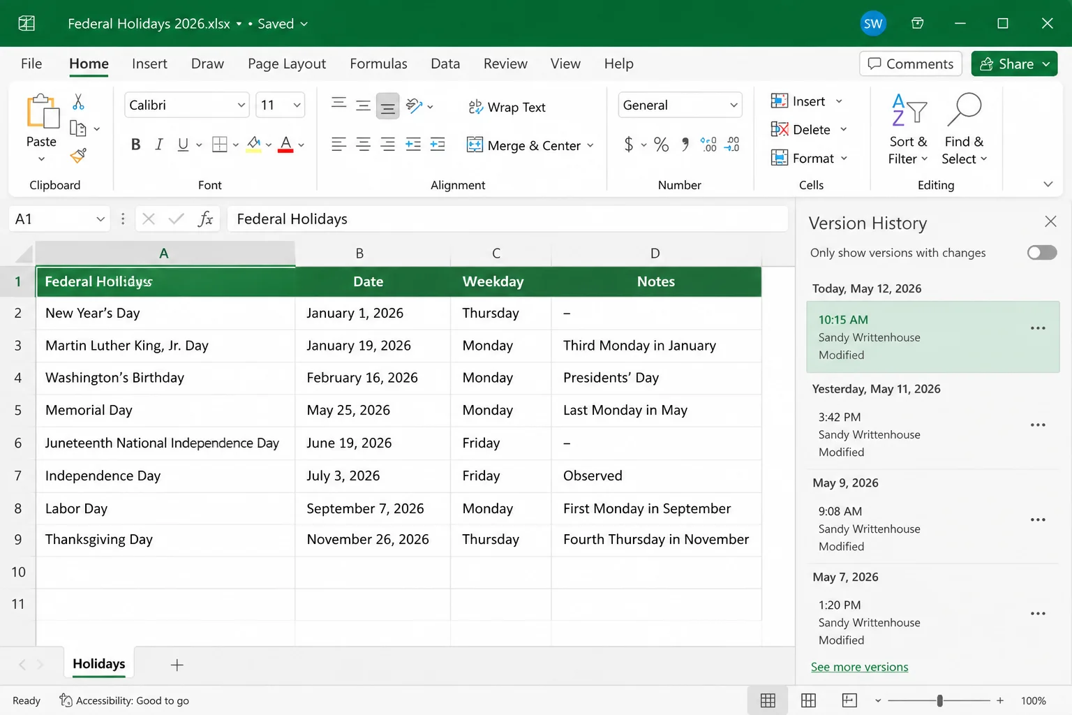Excel workbook title menu with Version History highlighted